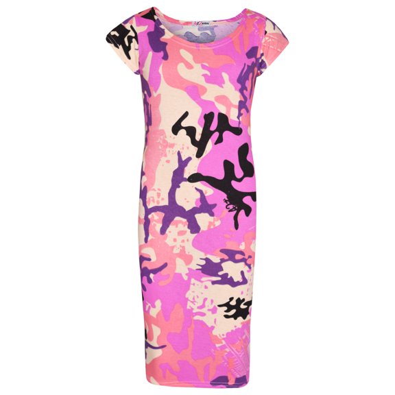 Girls Dress Kids Camouflage Print Summer Party Bodycon Midi Dresses 5-13 Years