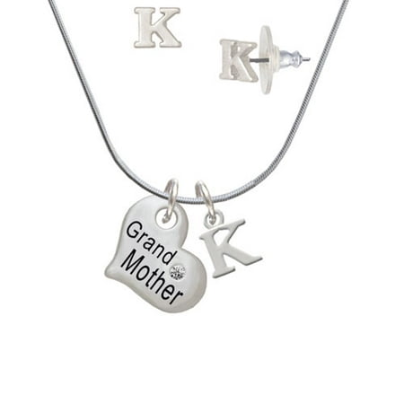 Large ''Grandmother'' Heart with Clear Crystal - K Initial Charm Necklace and Stud Earrings Jewelry Set