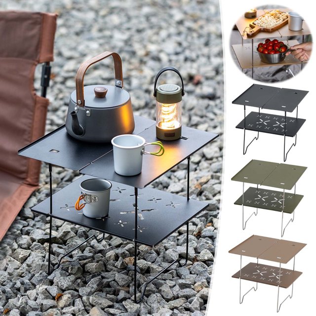 Portable Aluminum Picnic Table, Foldable Camping Table, Double-layer Design, Lightweight Travel Gear, for Hiking, Outdoor Dining, Self-assembling Small Table, Durable Construction,
