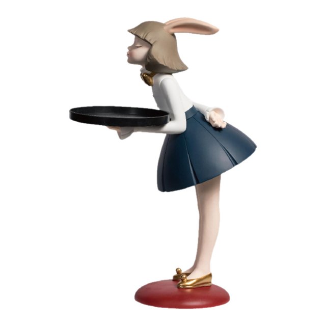 Estatua de niña de piso con orejas de conejo, figura de resina, artesanía con bandeja, regalo de inauguración de la casa, decoración moderna para sa
