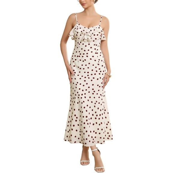 INSPIRE CHIC Women's Polka Dots Dress Cocktail Dating Vintage Ruffles Front Spaghetti Strap Maxi Dresses S Light Brown
