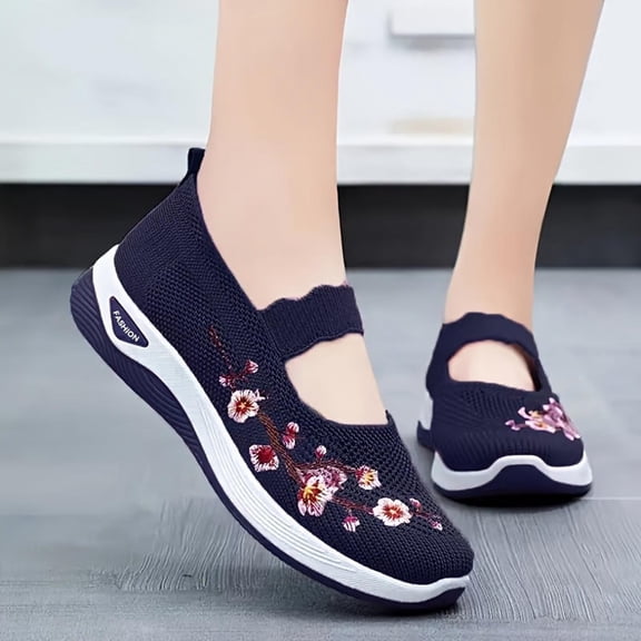 BRGZLK Orthopedic Shoes for Women Summer Trendy Embroidered Flower Arch Support Walking Sneakers Breathable Comfortable Mesh Slip On Shoes Blue 7.5