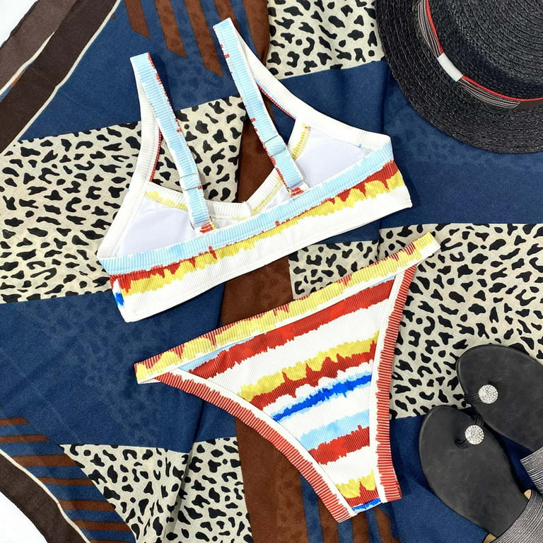 Flash Picks Women's Bikini Swimsuit Summer Fashion Cozy Outfits for Girls  Triangle Thong Swimwear Sets Halter Ribbed Bathing Suit Colorblock Stripe  Print Beachwear Female Leisure Red S 