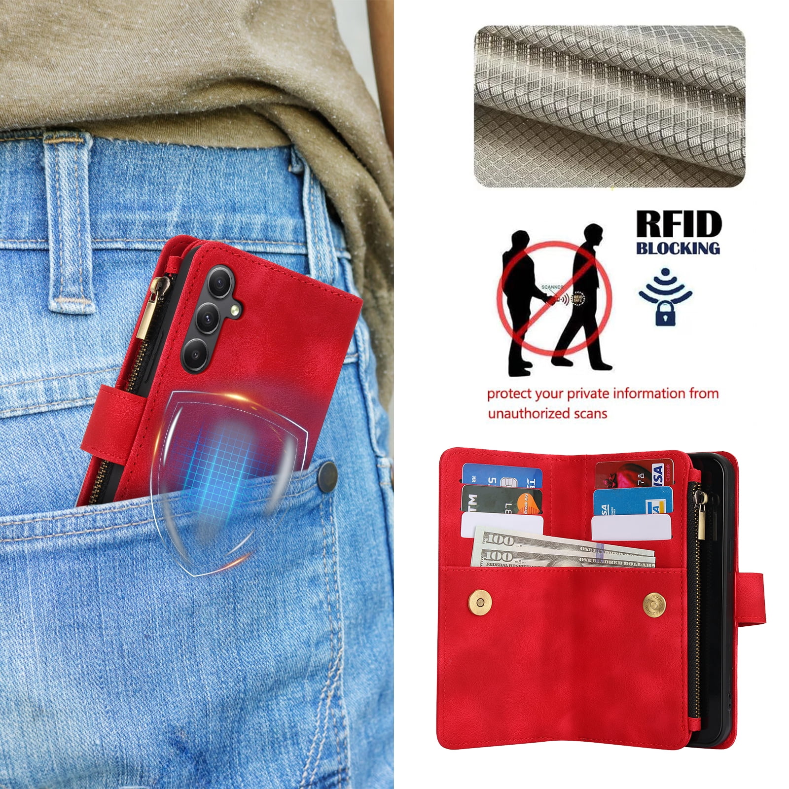 for Samsung Galaxy A16 4G/5G Wallet Case with Card Holder for Women Men, Phone Case RFID Blocking PU Leather Flip Shockproof Cover with Shoulder + Wrist Strap Zipper Credit Card Slots Stand, Red