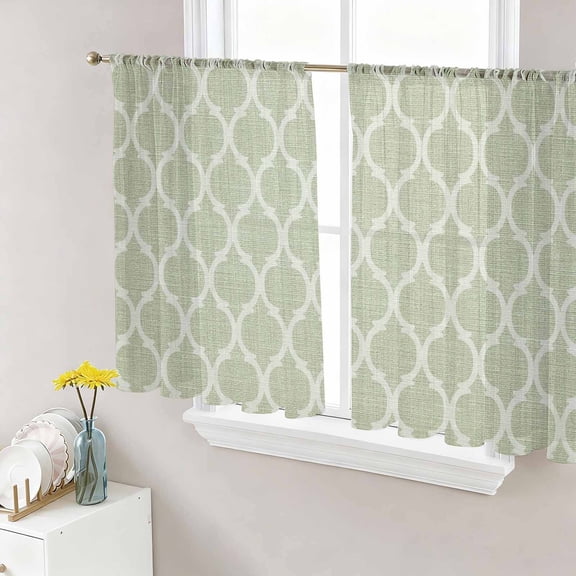 Sage Green Morocco Sheer Curtains 45 Inch Length 2 Panels Set Window Treatments, Boho Abstract Geometric Grid Plaid Rod Pocket Semi Curtains for Living Room/Bedroom/Kitchen Décor, 104"W x 45"L