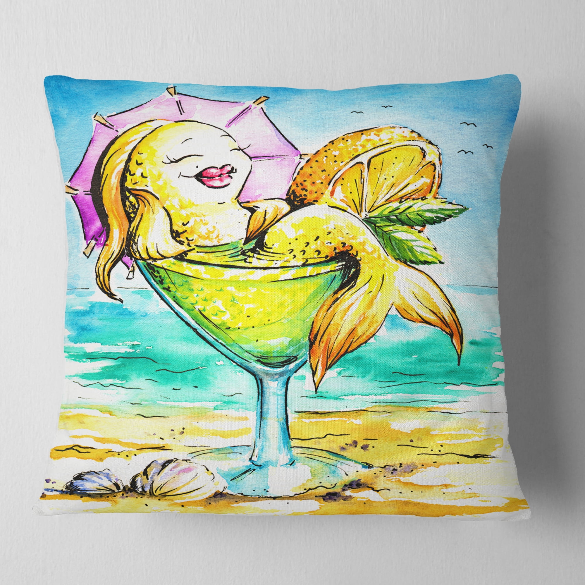 Designart Gold Fish Enjoying Holidays on Beach - Cartoon Animal Throw Pillow - 18x18