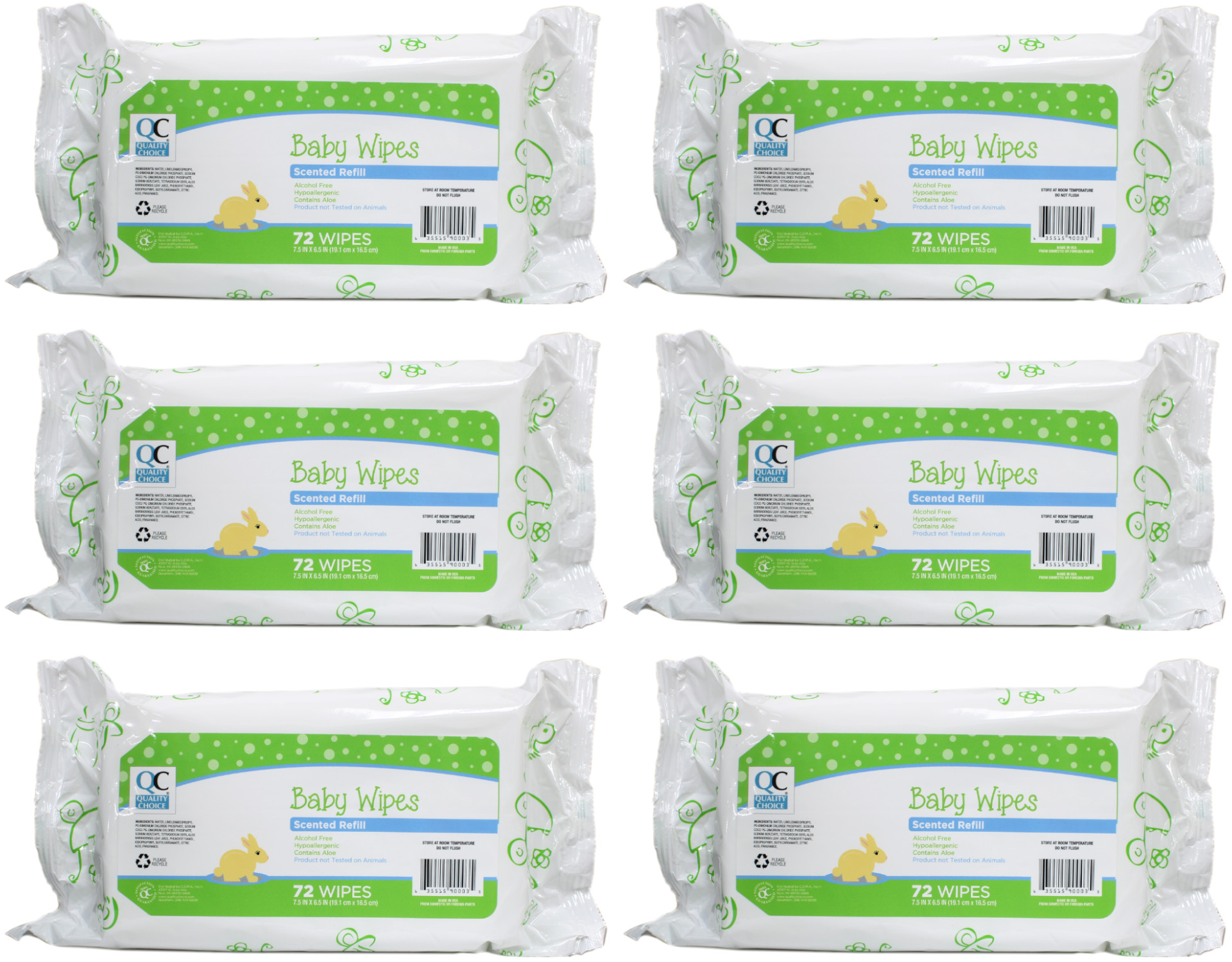 6 Pack Quality Choice Aloe Baby Wipes Scented Refill 72 Count Each