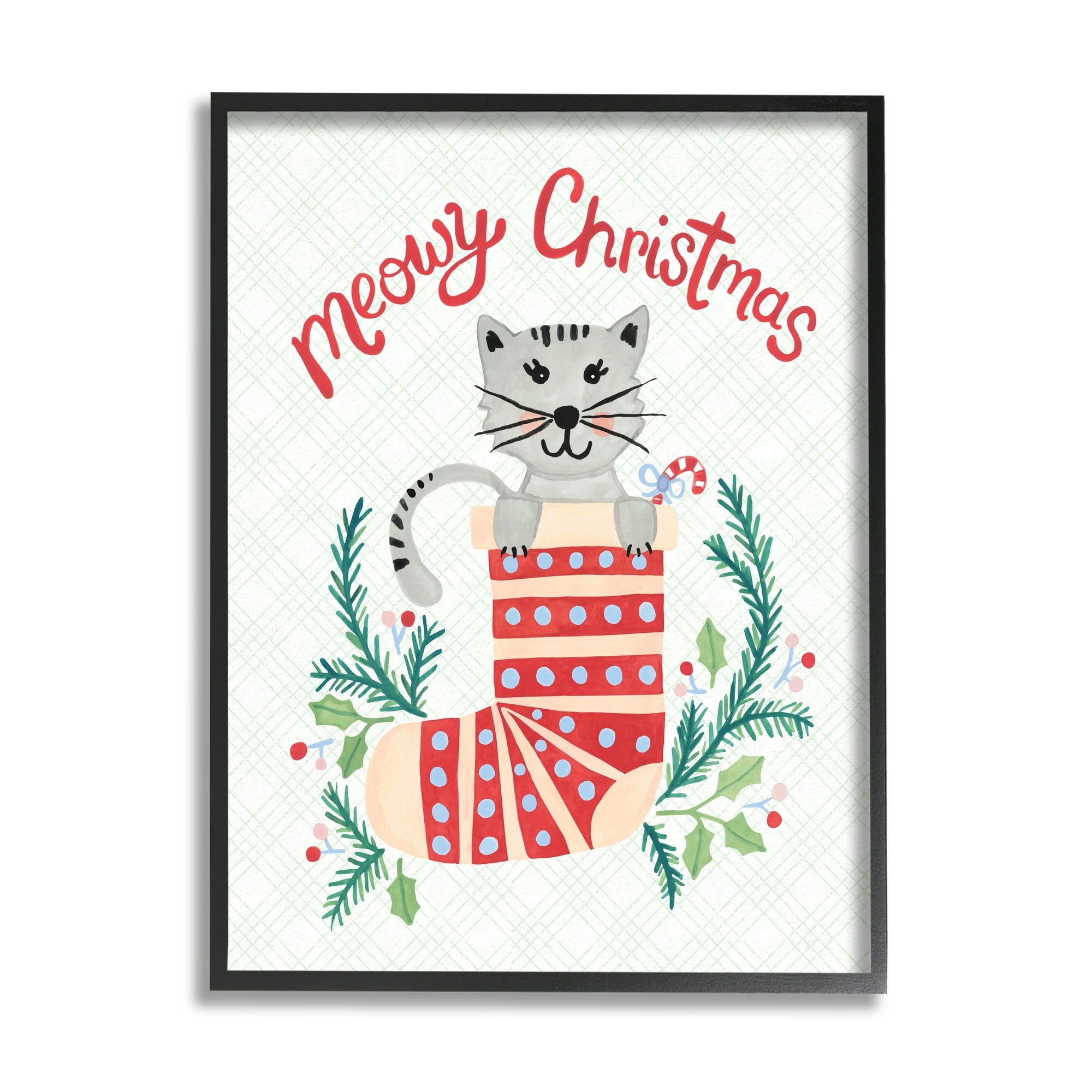 Meowy Christmas Clever Cat Nestled Patterned Stocking Animals & Insects Painting Framed Art Print Wall Art