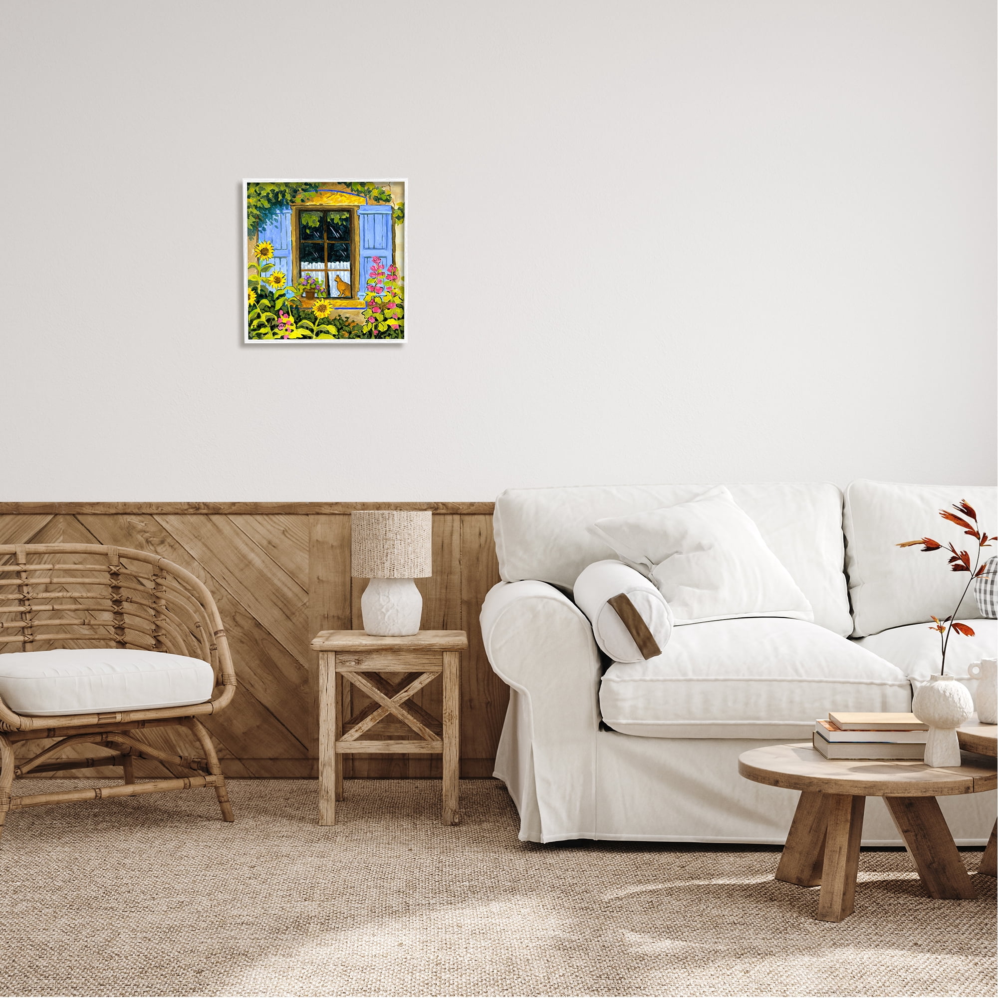 Stupell Industries Cat in Garden Window Animals & Insects Painting White Framed Art Print Wall Art, 17 x 17