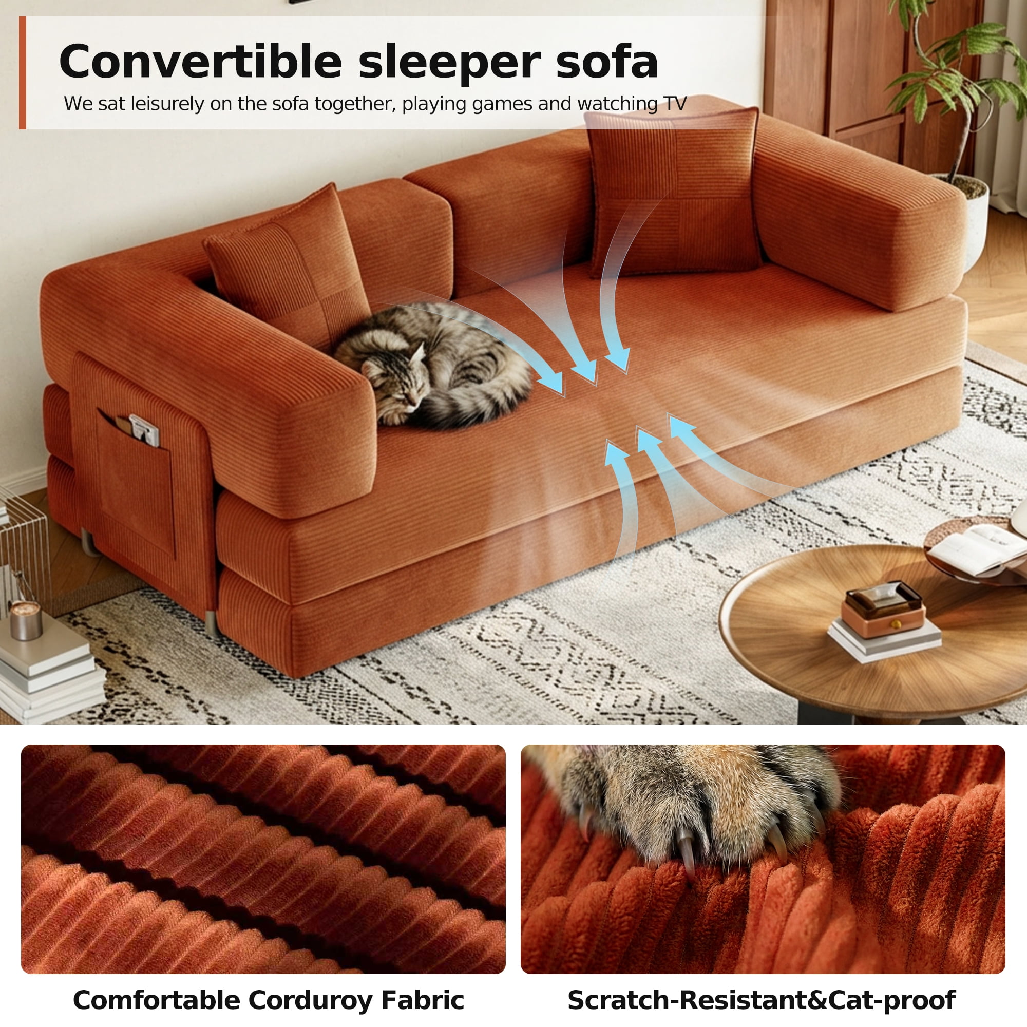 GARITIN Convertible Sleeper Sofa Bed 79 Inch, 5 in 1 Chenille Floor Sofa with High Density Foam and Side Pockets for Living Room, Orange