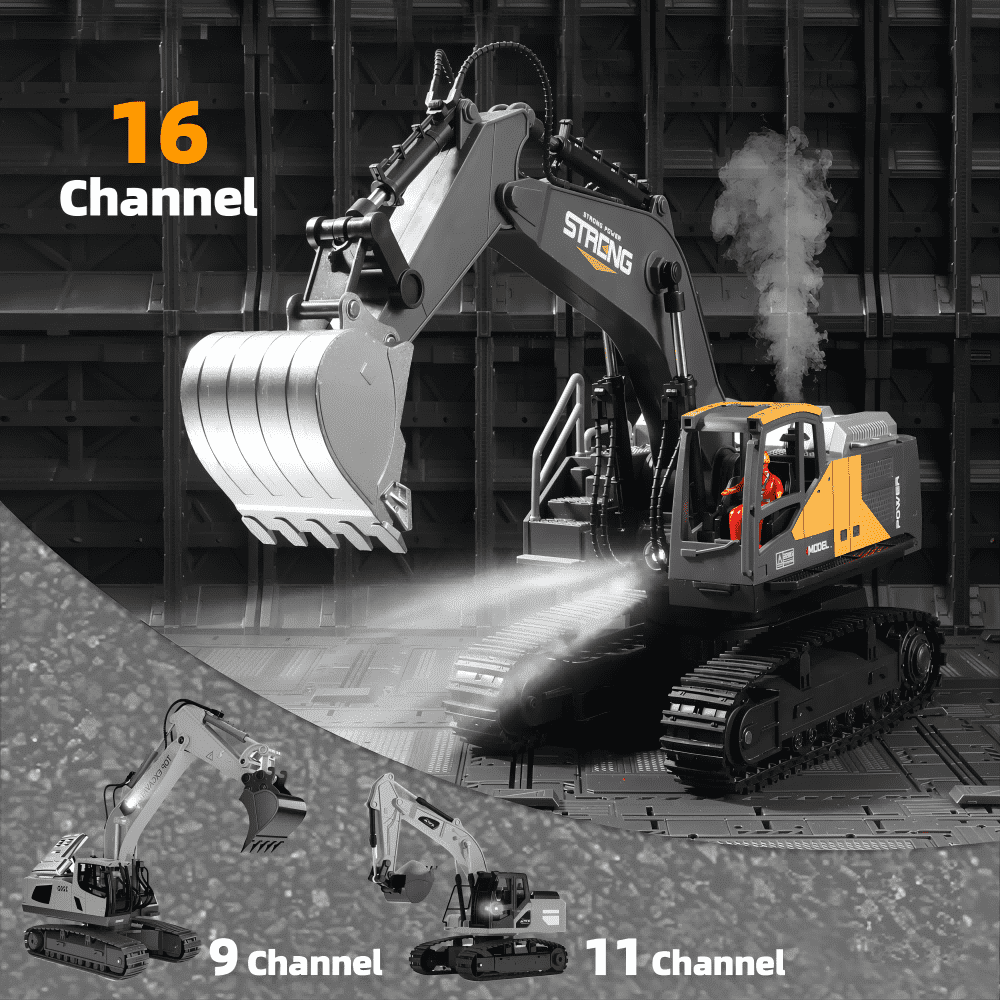RC Excavator Toy for Boys, 16 Ch, 680 Degree, Simulate Smoke and Lighting, Remote Control Car Toys for Children, Christmas Gifts,2 Batteries