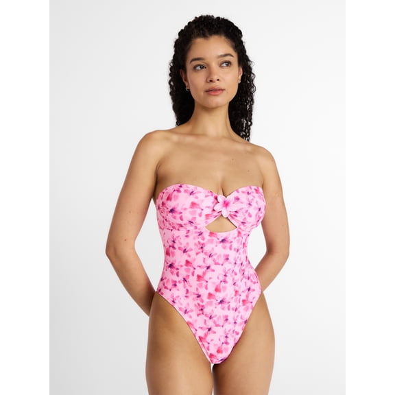 No Boundaries Floral Cut Out Bandeau One Piece Swimsuit, Women's XXS -XXL