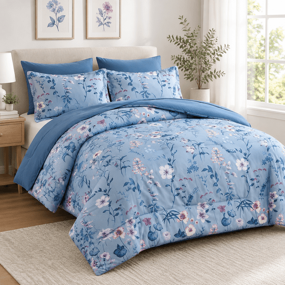 Blue Queen Size 7-Piece Botanical Bed-in-a-Bag Comforter Set
