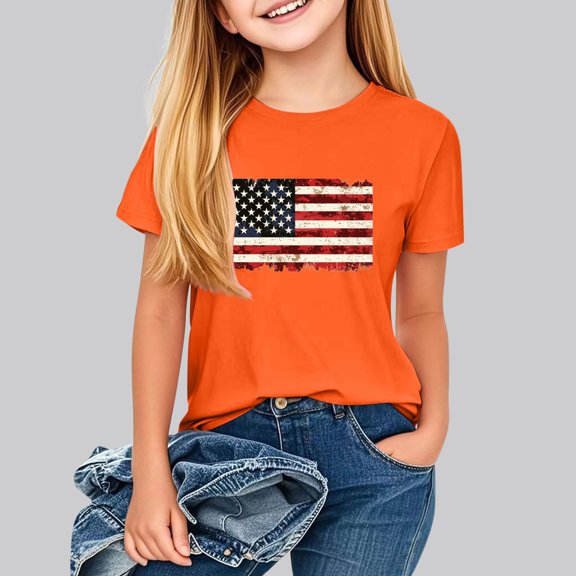 hengsof Girls Patriotic Theme Patriotic Printed T-Shirt Loose Comfortable Short Sleeve Crew Neck Top Suitable for Children Sizes 2-13 Years