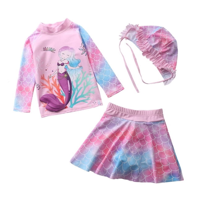 Baby/Toddler Girls Mermaid Swimsuit Rashguard Set Long Sleeve UPF 50+ ,CM25-8BT Size 4T