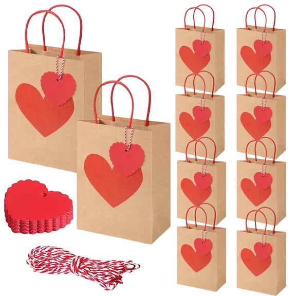 Tumao 12 Pcs Valentines Day Gift Bags with Tags Kraft Pape Gift Wrap for wedding, Birthday Parties, Anniversary, Valentine and Little Presents