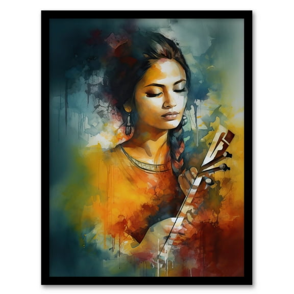 Woman Playing Classical Indian Folk Music Watercolour Painting Ragini Musician Portrait Art Print Framed Poster Wall Decor 12x16 inch