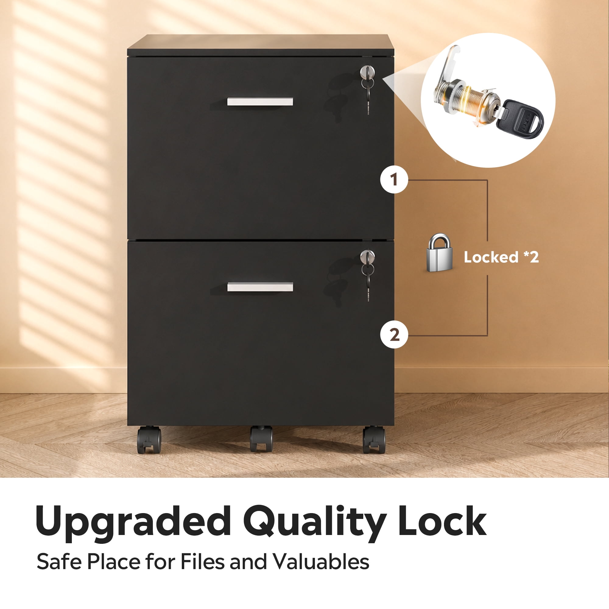 GALAXHERO 2 Drawer Filing Cabinet with Lock, Wooden Printer Stand with Storage for Home Office, Mobile Locking File Cabinet Fits Letter/A4 Hanging Files, Black