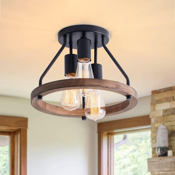 Modern farmhouse wood semi-recessed ceiling light, hallway entry light fixture, 3-light rustic industrial style ceiling light for kitchen, bedroom, dining room, laundry room lighting