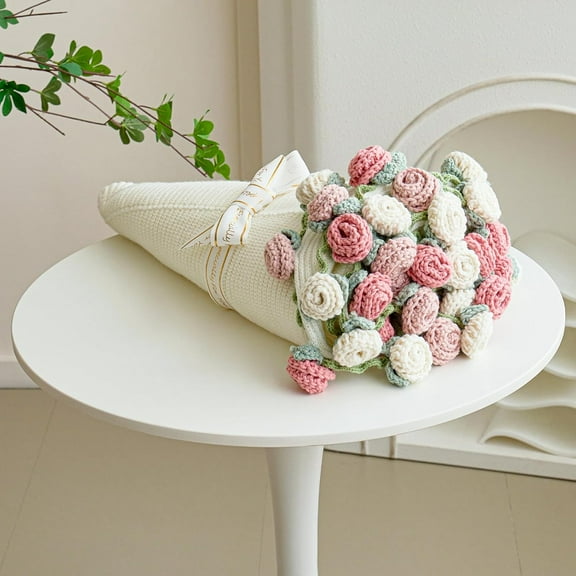 Crochet Flower Bouquet Throw Blanket, Handmade Knitted Blanket with Rose Flowers, Cute Romantic Gift for Her Girlfriend Mom Mother’s Day Valentine Wedding Anniversary Birthday, Pink and White