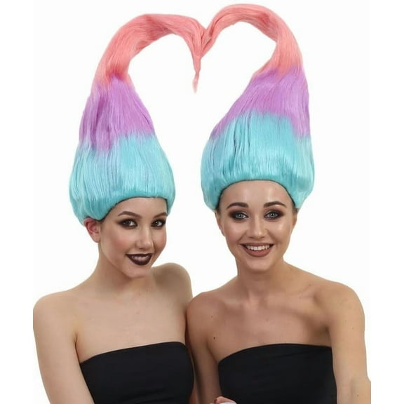HPO Adult Women's Twin Troll Fun Rainbow Multicolor Cosplay and Halloween Wig, Synthetic Fiber Hair