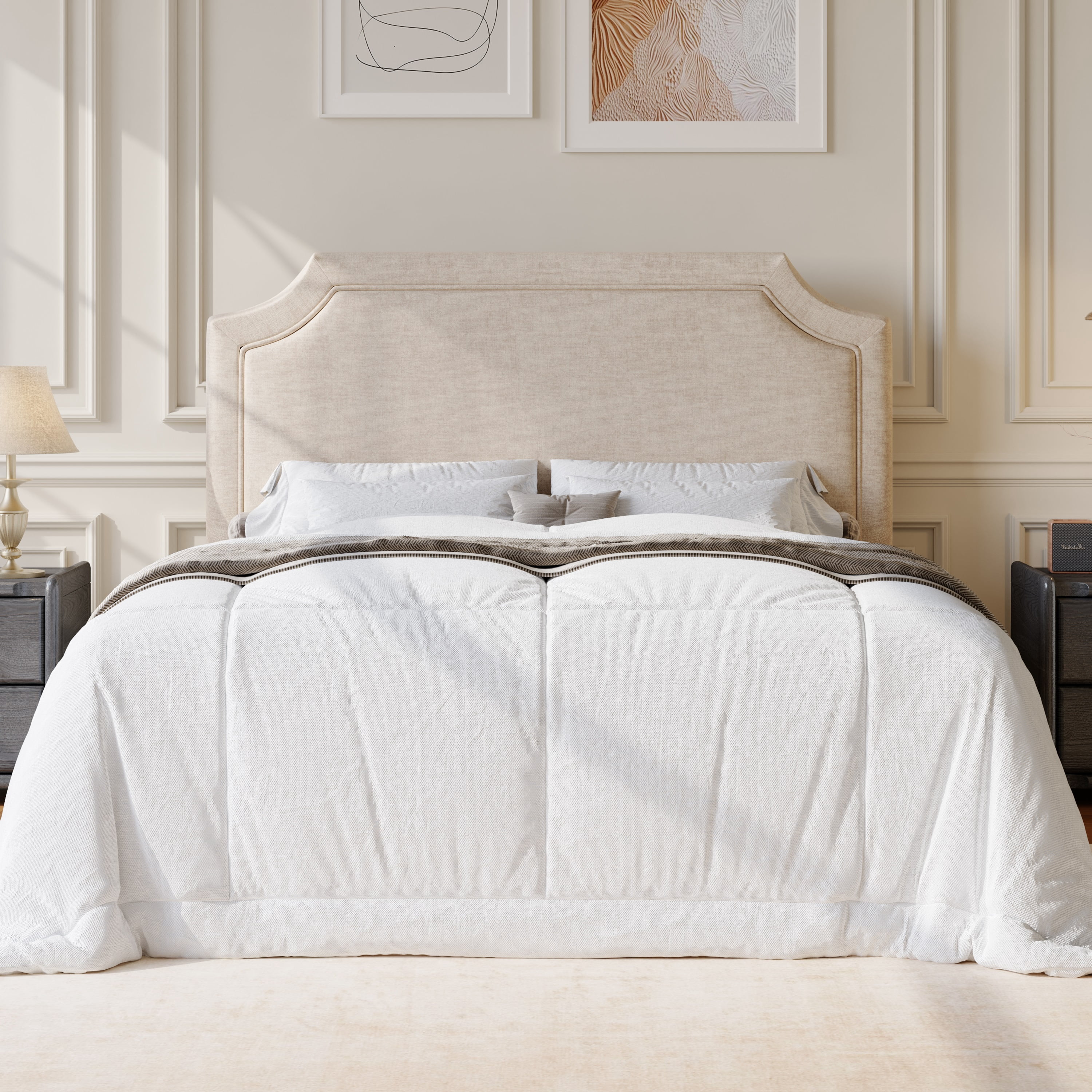 Amolife Queen Bed Frame, Upholstered Platform Bed with Streamlined Adjustable Headboard, No Box Spring Required, Beige, Chenille Fabric