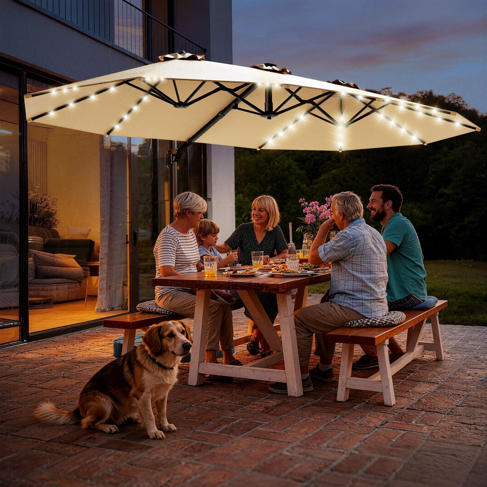 15FT Cantilever Patio Umbrella with LED Lights, 360°Rotation Large Double Sided Rectangular Outdoor Umbrella for Garden, Backyard, Pool, Deck, Beige(with Base)