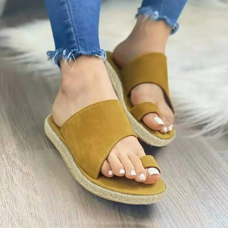 

Aayomet Beach Sandals for Women Ladies Fashion Solid Color Flock Cover Toe Roman Flat Casual Sandals Yellow 7.5
