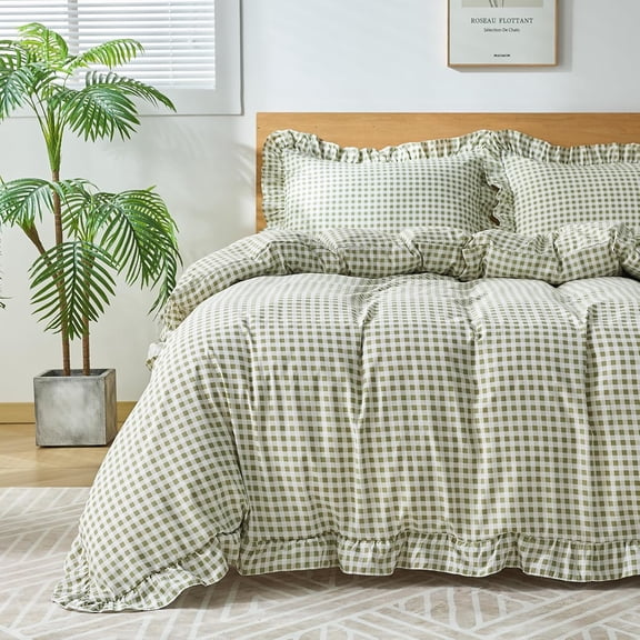 Gingham Duvet Cover Queen Size, 3 Pieces Soft Breathable Microfiber Plaid Comforter Cover with Zipper Closure & 2 Pillow Shams, Ruffle Farmhouse Vintage Decor, Sage Green