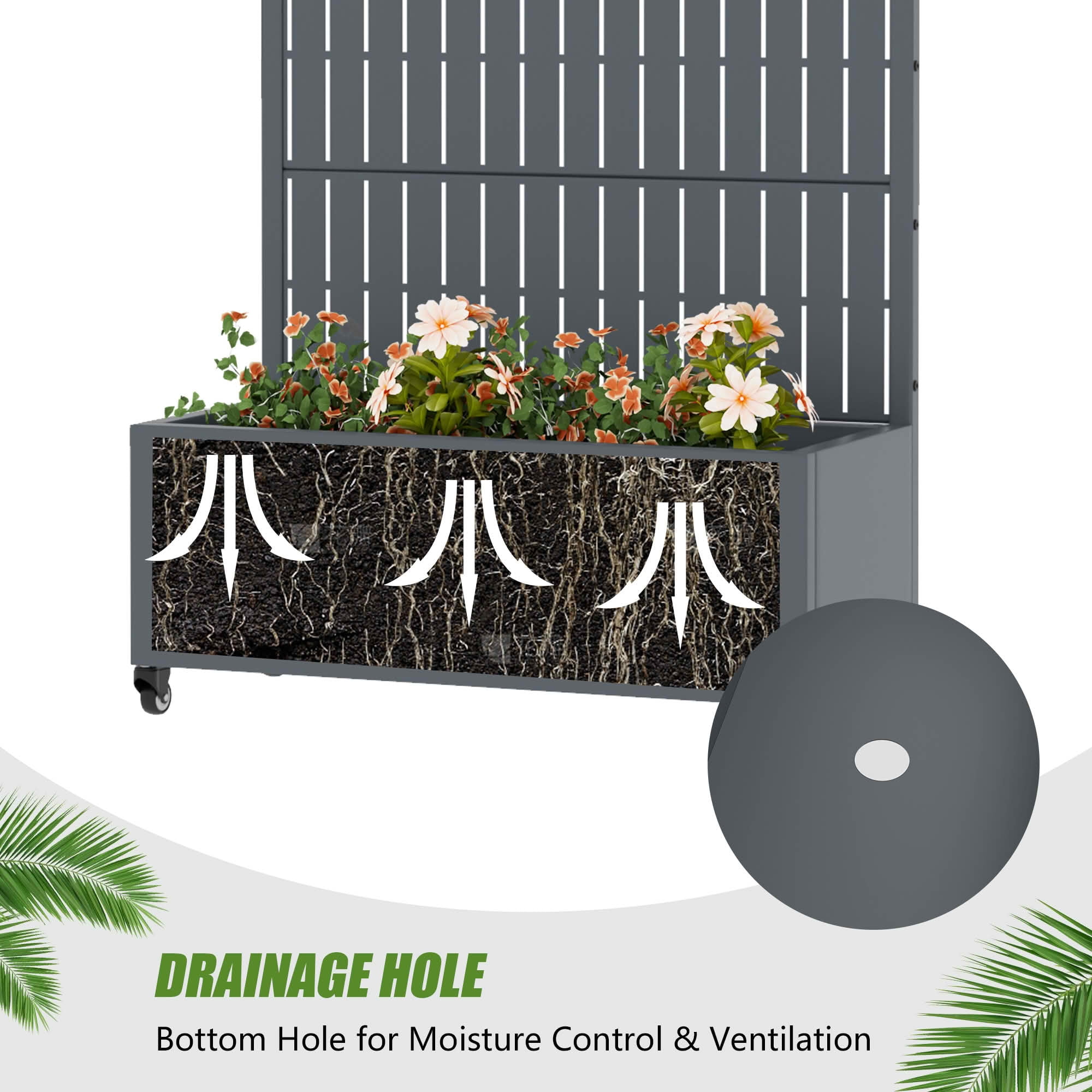 MAYEERTY 72X35" Metal Outdoor Cambrian Gray Privacy Screen with Planter Box for Backyard & Garden, 5 Piece Set