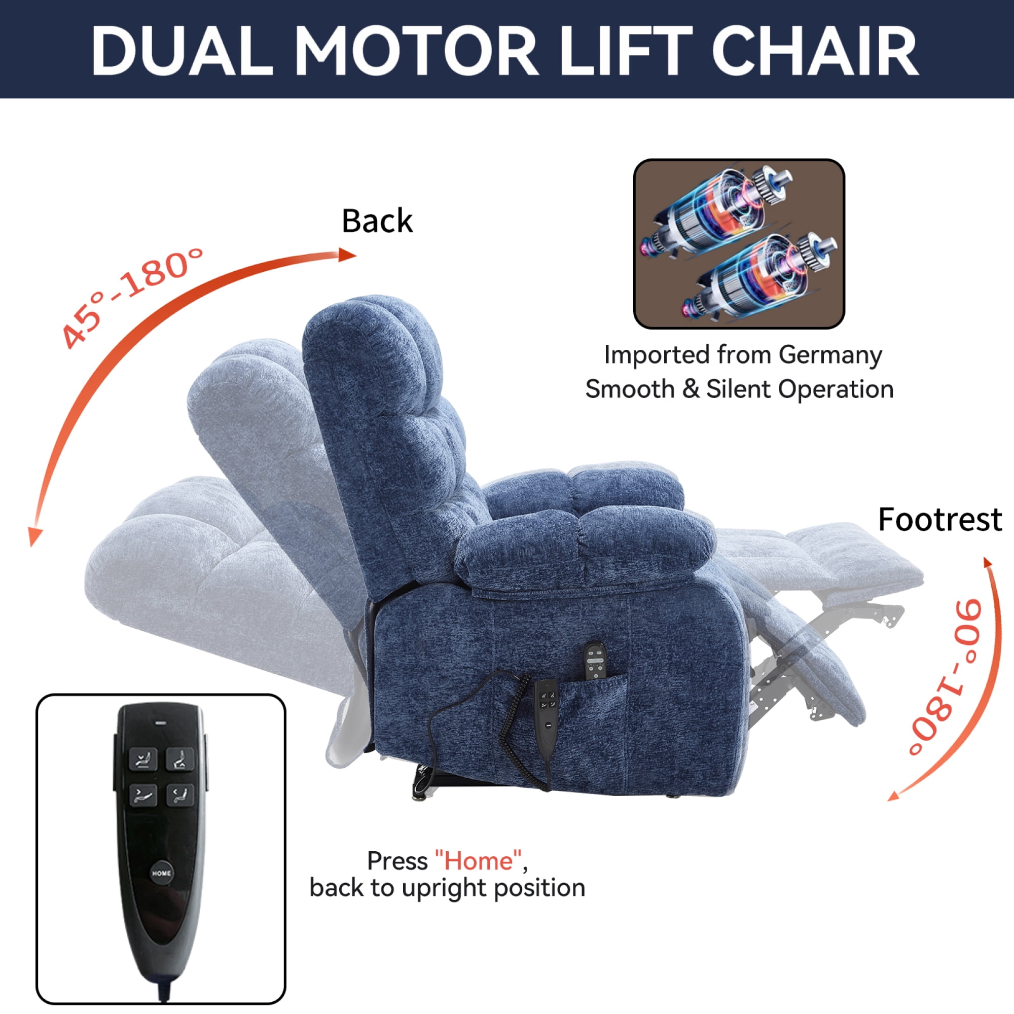 Leumius Large Power Lift Recliner Chair for Elderly,Heavy Duty Chenille Recliners with Massage and Heating for Living Room,Navy Blue