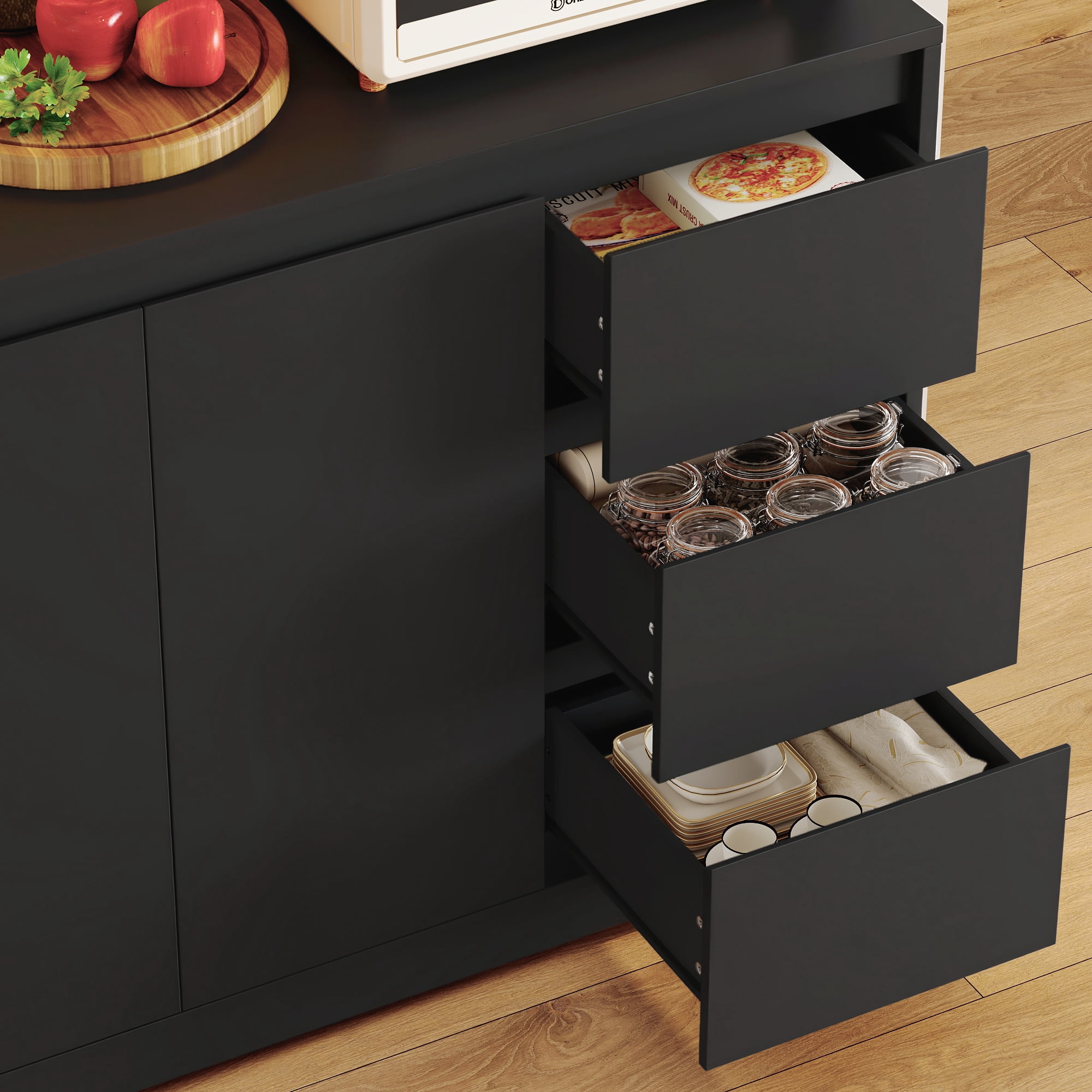 Homfa 70.9'' Kitchen Pantry Cabinet with Charging Station and LED Light, 3 Drawers Buffet Storage Cabinet with Glass Doors and Adjustable Shelves, Black