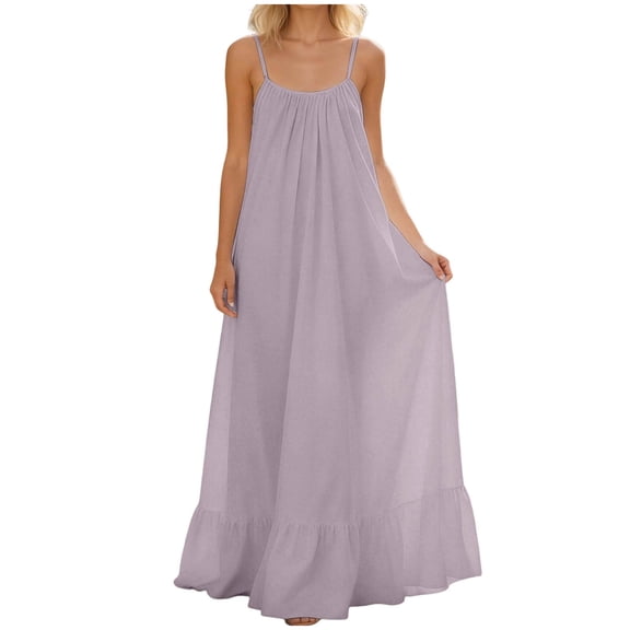 Makaor Sundresses for Plus Size Women A Line Smocked Maxi Dresses Sleeveless Spaghetti Strap Dress Solid Scoop Neck Beach Vacation Clothes Purple S