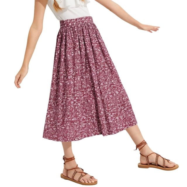GiLiling Jupes pour Filles, Jupe Midi Trapèze Imprimée avec Taille Élastique, Jupe Longue Décontractée Fluide en Rayonne Style Robe pour l'Été (Rouge Brique, 7-8 Ans)