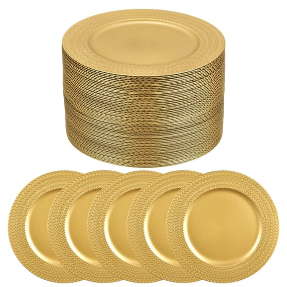 13 Inch Gold Charger Plates Set of 100, Decorative Floral Plastic Plates, Bulk Chargers for Thanksgiving Christmas Holiday Events(A)