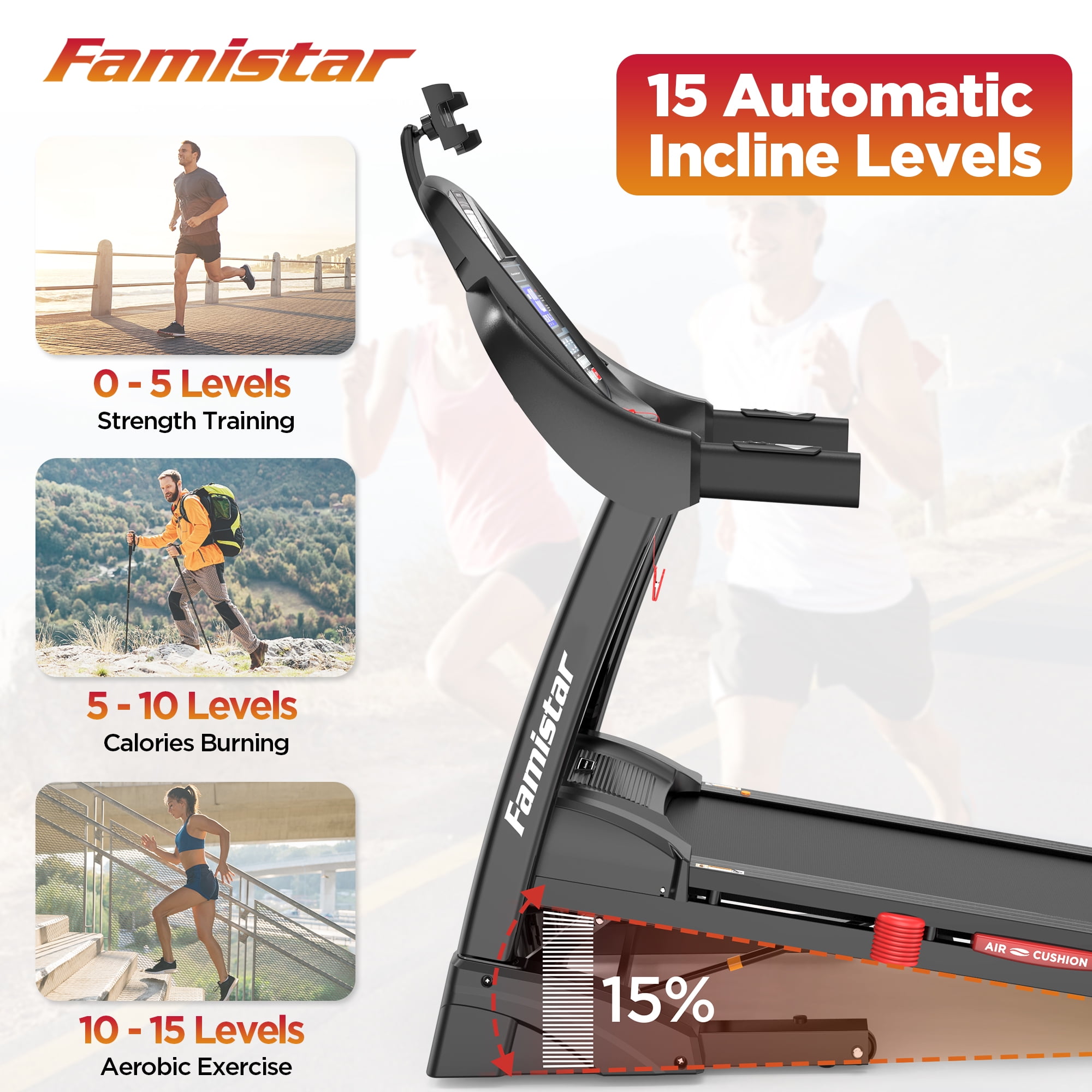 Famistar 4.5HP Folding Treadmill Clearance w/ APP control Portable Foldable, 15 Levels Auto Incline Treadmill for Home Office, 300lbs Capacity, Adjustable iPad Holder, Max 10MPH Speed, Knee Strap Gift