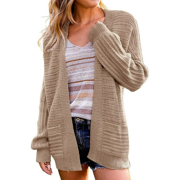 Womens Cardigan Sweaters Trendy Open Front Long Sleeves Knitted With Pockets Loose Fall Outwear,Khaki,L