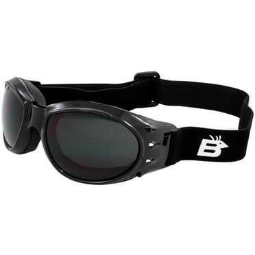 Birdz Eyewear Eagle Padded Motorcycle Airsoft Goggles Gloss Black Frames with Anti-Fog Driving Smoke Mirror Lens