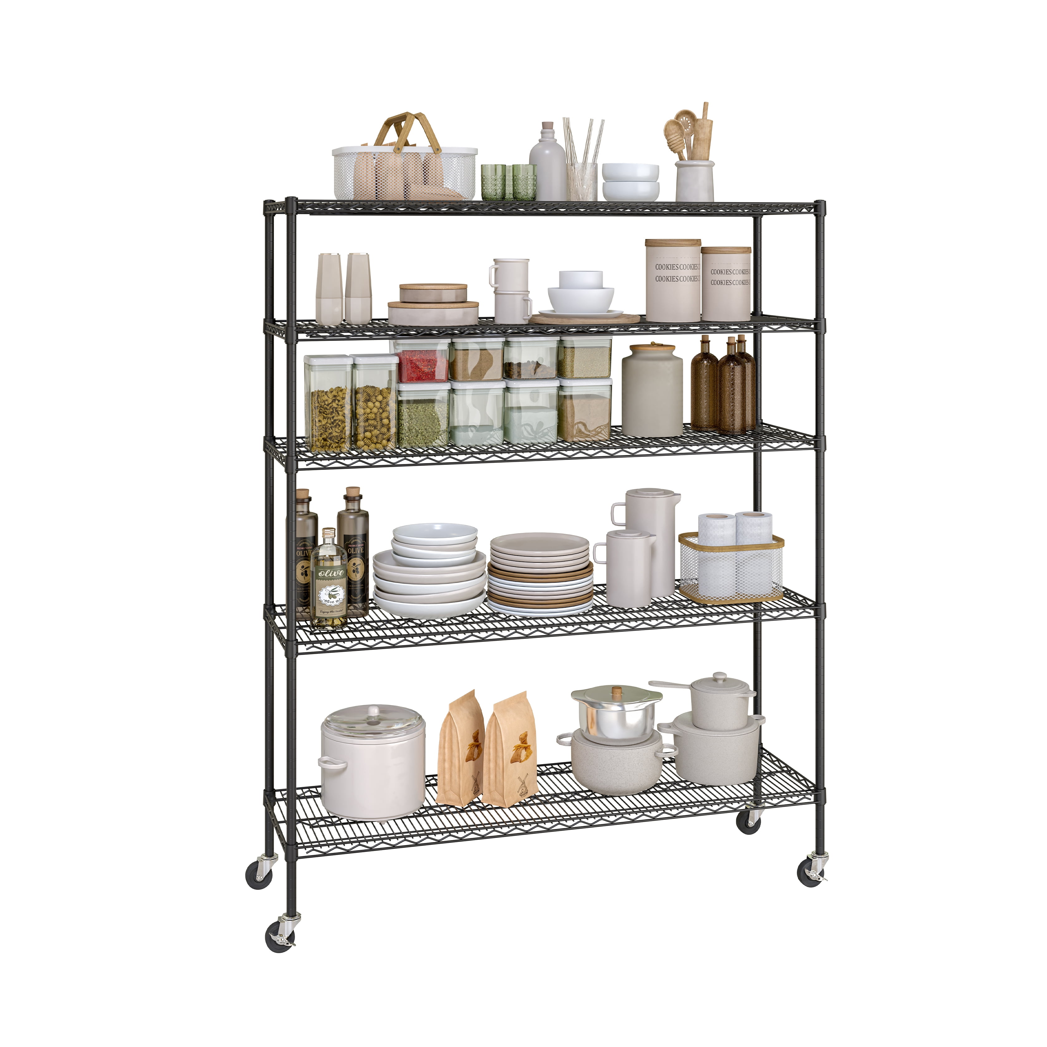 Seville Classics UltraDurable Commercial-Grade 5-Tier NSF-Certified Steel Wire Shelving with Wheels, 60" x 18", Black