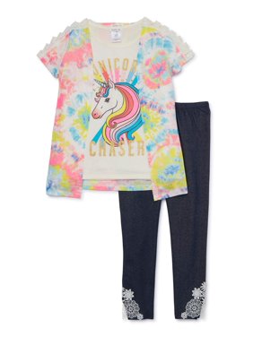 Forever Me Girls' 4-12 Unicorn Graphic Top, Tye-Dye Cozy and Knit Denim Legging, 3-Piece Outfit Set