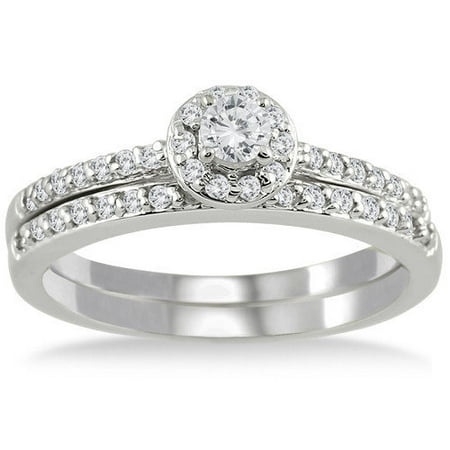 Szul Jewelry 10K White Gold Round Cut Diamond Halo Bridal Ring Set