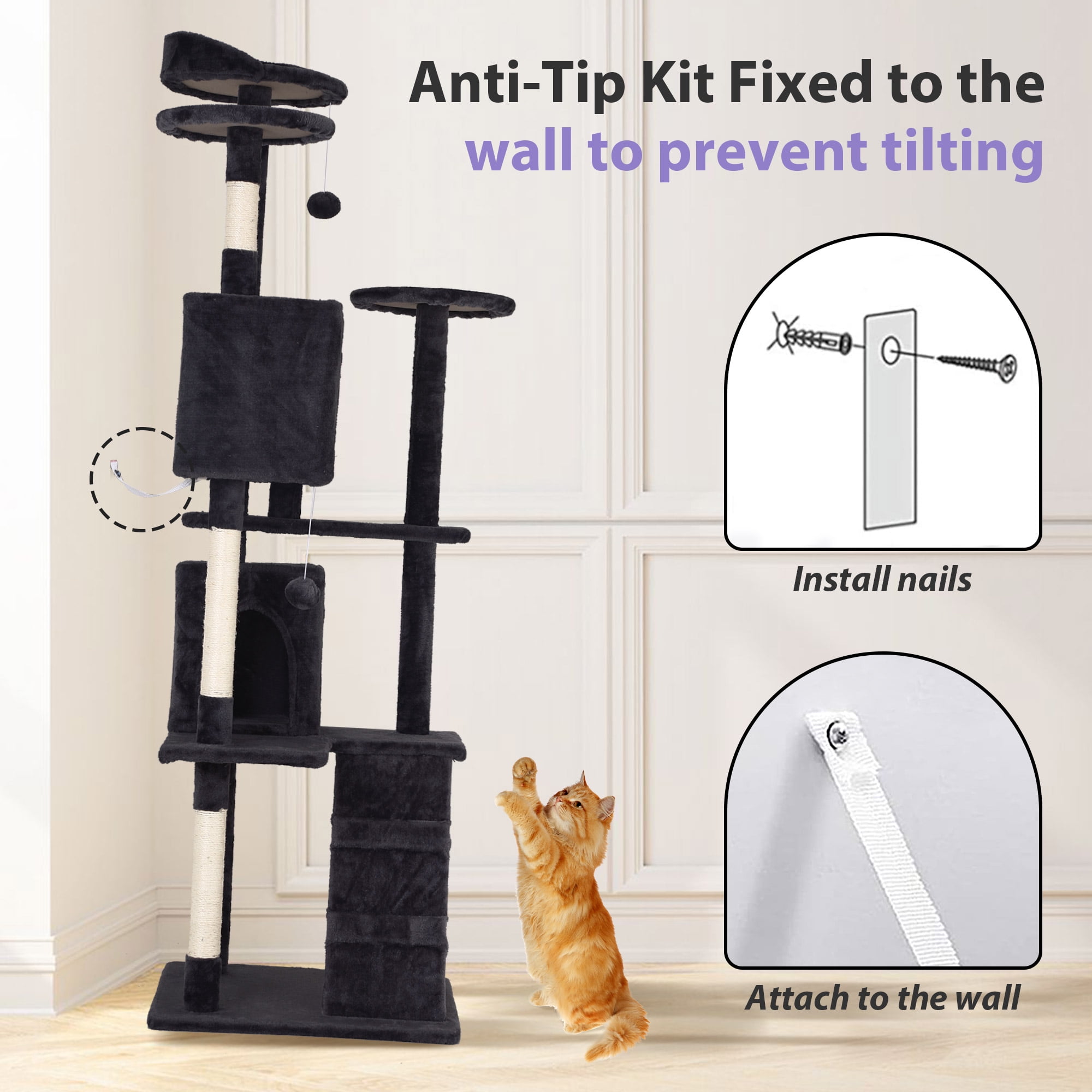 CL.HPAHKL 54In Multi-Level Cat Trees, Cat Tower with Durable Sisal-Covered Scratching for Kittens Posts Tall Cat Tree Cats Kitty Condo Activity Tree Center, Dark Gray