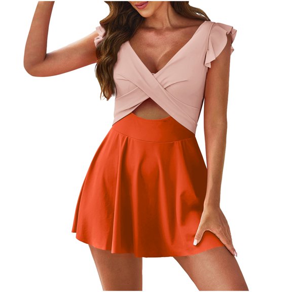 ZQUUVOU Women's One Piece Swimdress Cross Front Ruffle Sleeve Skirted Swim Dress Tummy Control Monokini V Neck Wrap Swimwear Orange