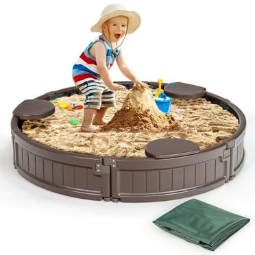 Costway Wooden Sandbox with Built-in Corner Seat, Cover, and Bottom Liner, for Kids, Brown