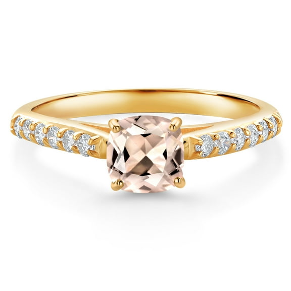 Gem Stone King 0.70 Ct Cushion Peach Morganite G/H Lab Grown Diamond 10K Yellow Gold Engagement Ring (Size 9)