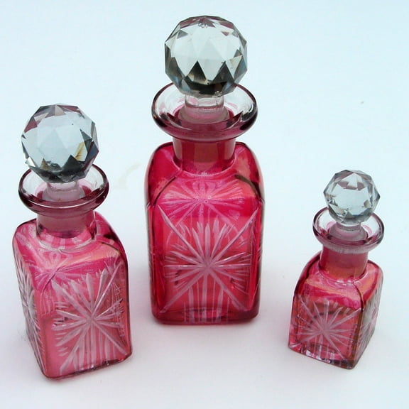 vintage antique cut glass PERFUME BOTTLE SET 3 bottles