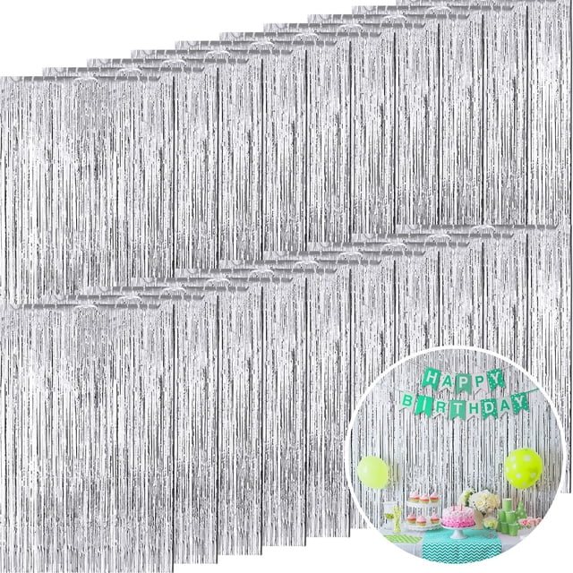 Backdrop Jerify, 20 unidades, flecos de lámina plateada, 100 x 250 cm