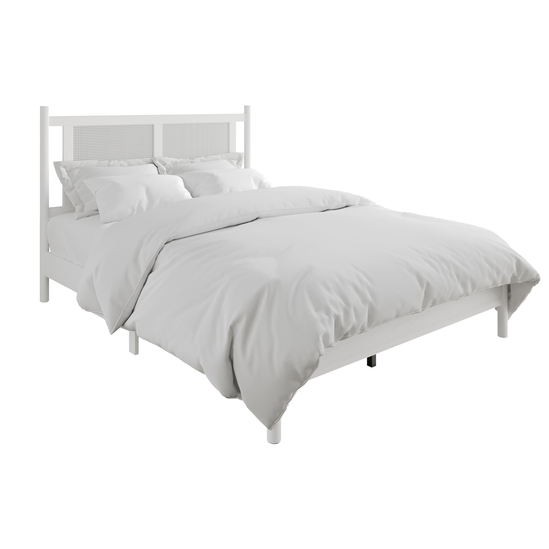 Castle Place Rattan Full Wooden Platform Bed, White