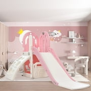4 in 1 Toddler Slide Set with Basketball Hoop and Climbing Ramp, Indoor & Outdoor Playset with Freestanding Slide and Hidden Space for Toy Storage, for Children 1-3 Years Old, Pink