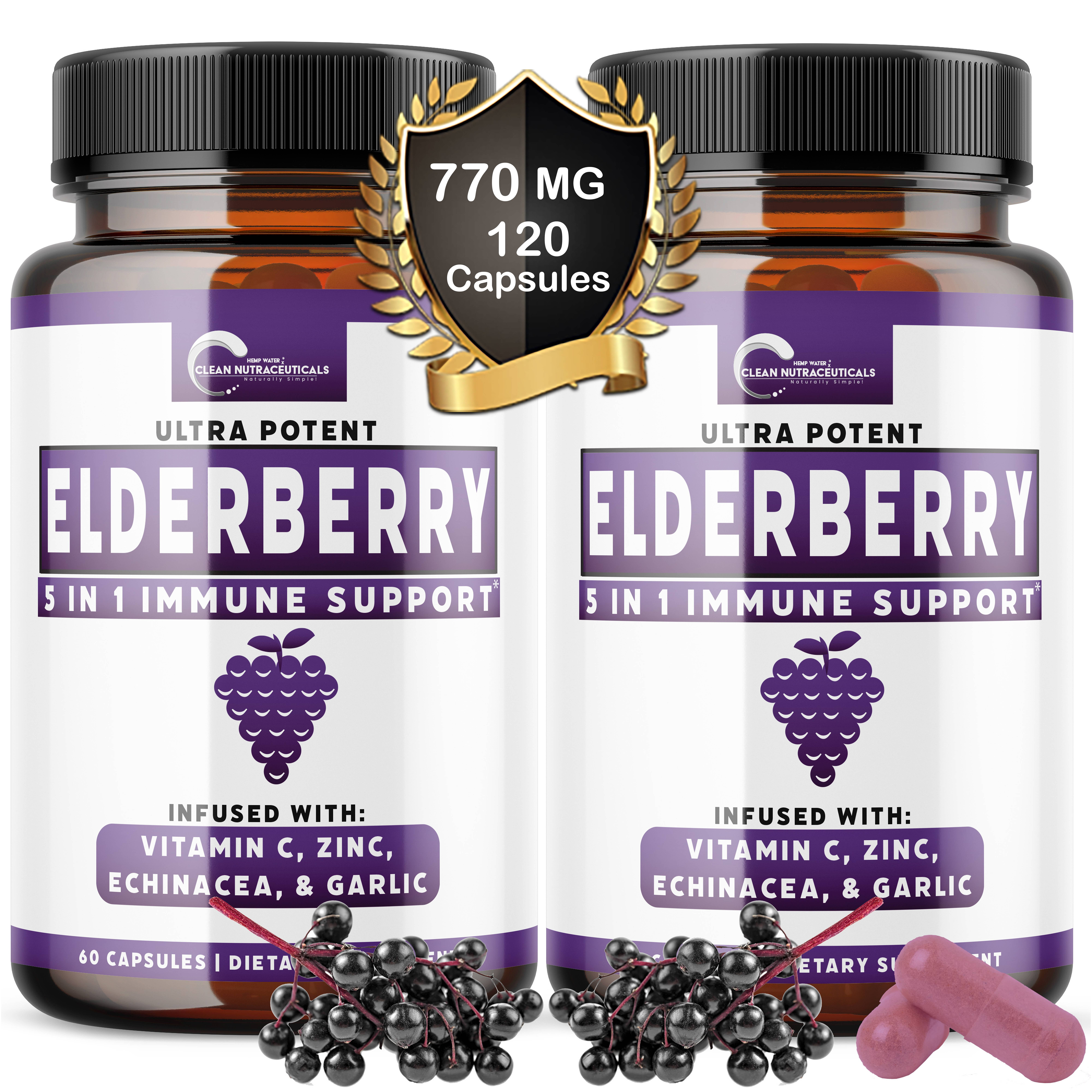 Elderberry Capsules Immune Support Supplement Zinc, Vitamin C, Garlic